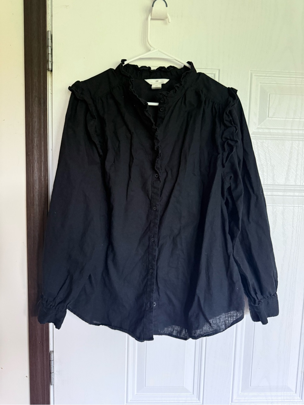 2 for $20 sale; H&M linen blend Black Ruffled Button-Down Long Sleeve Blouse - L